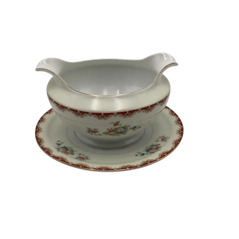 Vintage Rutland Pattern Porcelain Gravy Boat with Attached Under Plate‎